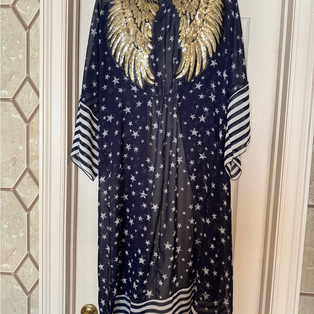 Navy Star Print Coverup with Gold Sequin Wings